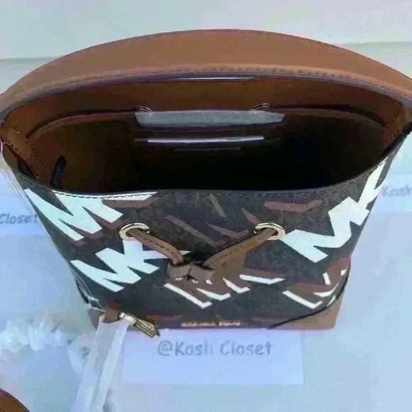 Michael Kors Mercer Drawstring Bucket Bag Medium Messager Purse Brown Multi - Picture 12 of 12